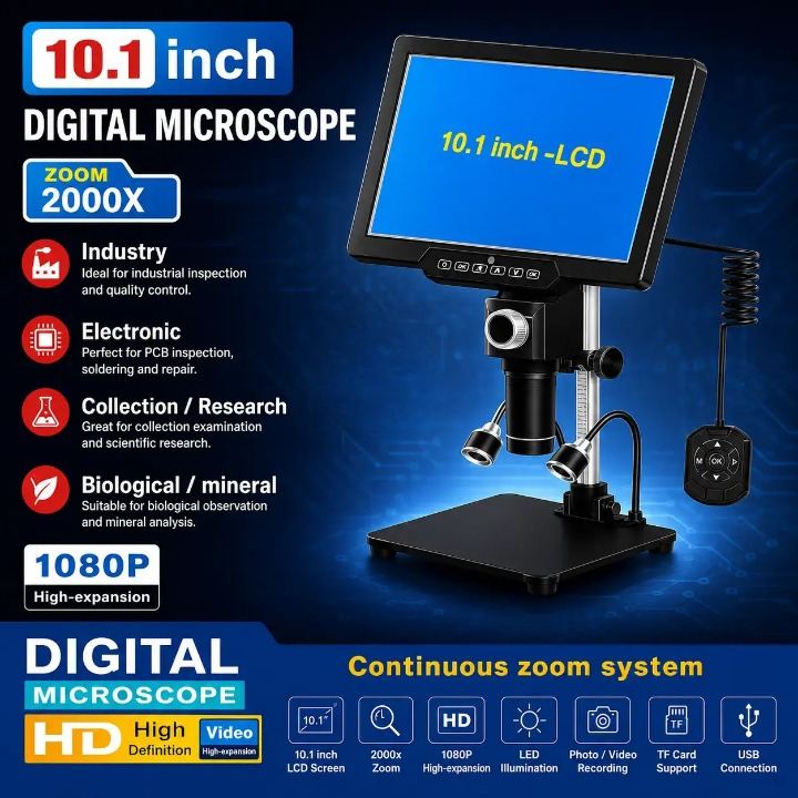 Digital Microscope 10.1 Inch 2000X Continuous Zoom Electronic Video Digital HD Microscope for Phone PCB Repair
